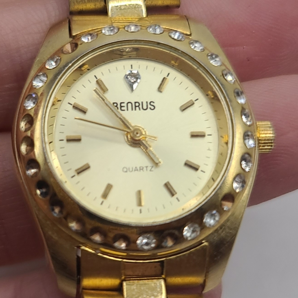 Vintage Gold Tone Benrus Rhinestone Accent Watch